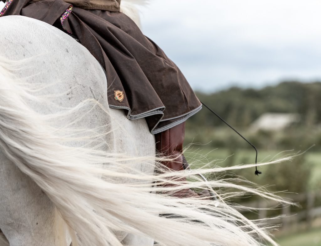 waxed cotton skirt by Nouvelle Habit with grey horse's tail flicking